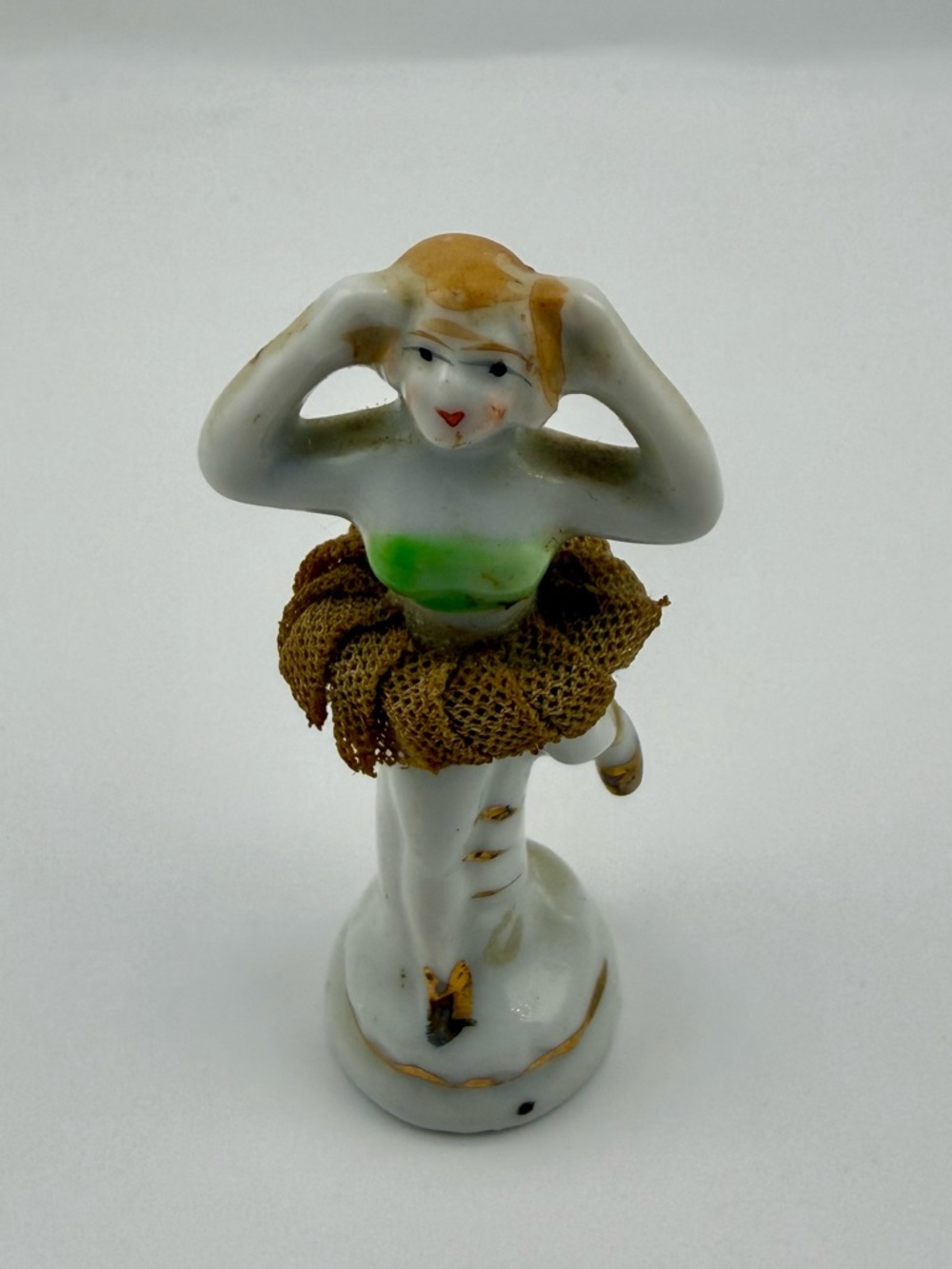Vintage Porcelain Japan Ballerina Figurine in White and Gold with Brown Tutu.
